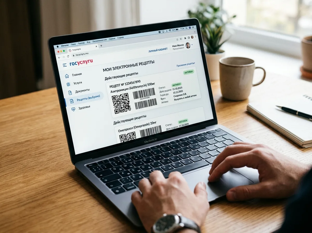 Интерфейс личного кабинета Госуслуги с электронными рецептами и QR-кодами на экране ноутбука