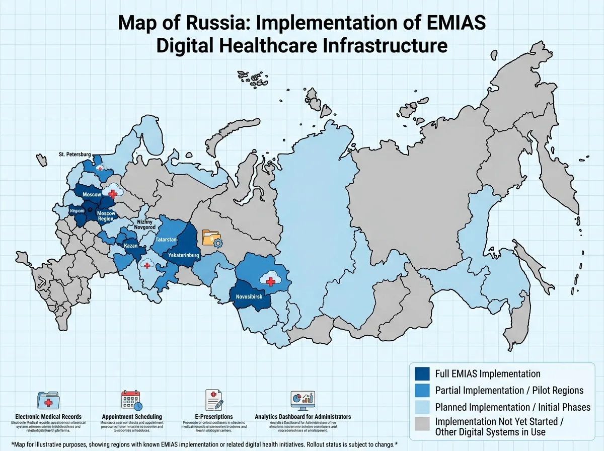 Карта России с отмеченными регионами, внедрившими ЕМИАС — цифровая инфраструктура здравоохранения